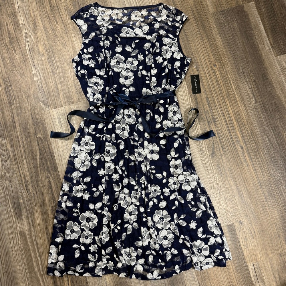 Feminine Tea Party Navy‎ Blue White Floral Lace Overlay Ribbon Belt Dress 2X NWT